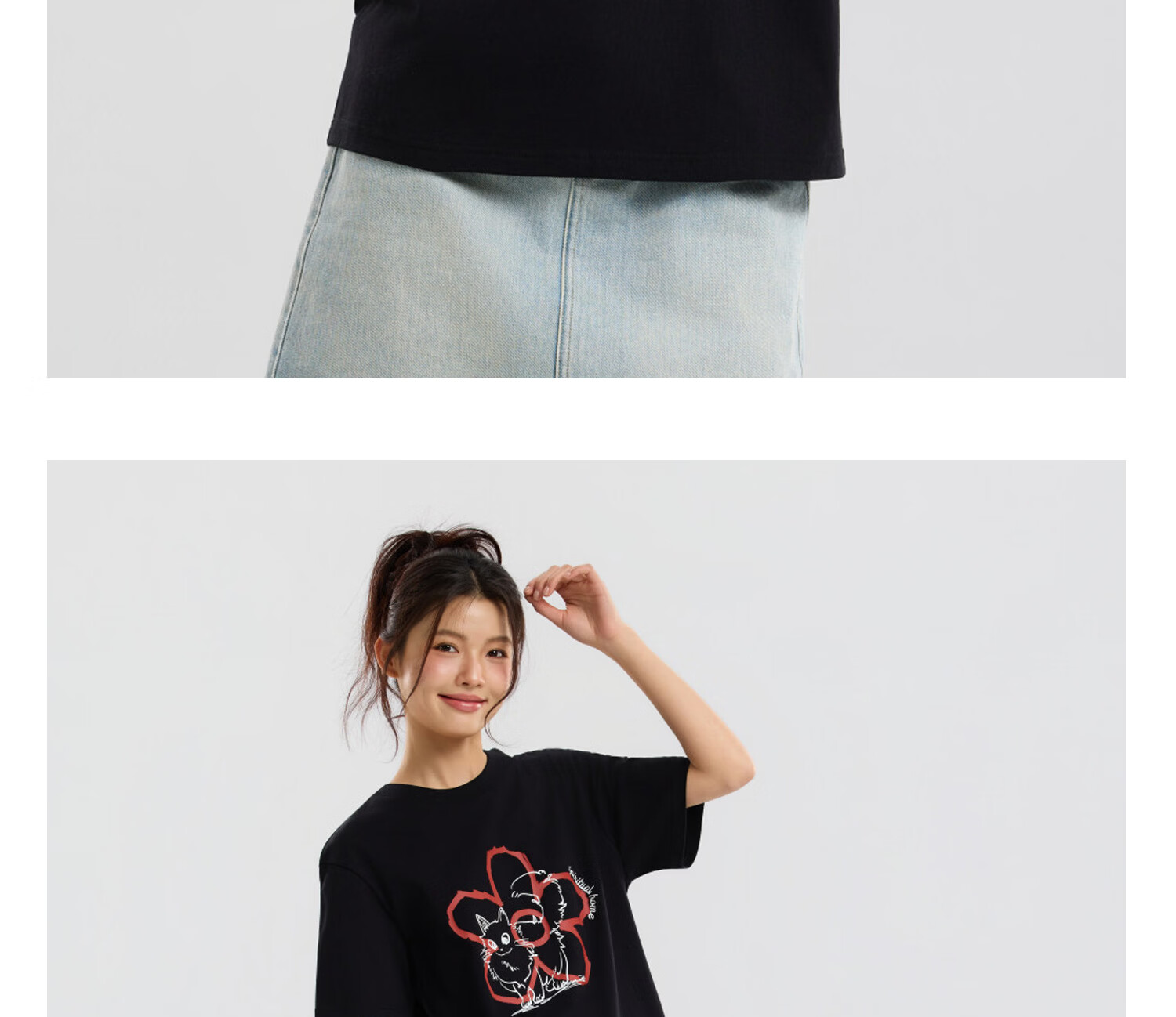 Metersbonwe Women's Short Sleeve T-Shirt 2026 Summer New Pure Cotton Hand-Painted Cat Print Loose Fit Versatile Tee 33