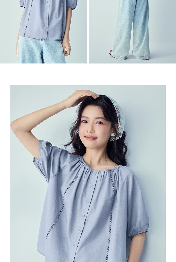Giordano Women's New Linen Shirt Cotton Linen Hollow Out Pleated Loose Round Neck Raglan Mid Sleeve Shirt 05346462 17