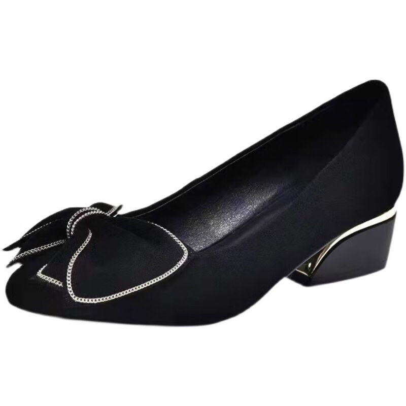 哈妮女鞋蝴蝶结真皮豆豆鞋2022春季新款磨砂羊皮平底软皮女单鞋 黑色