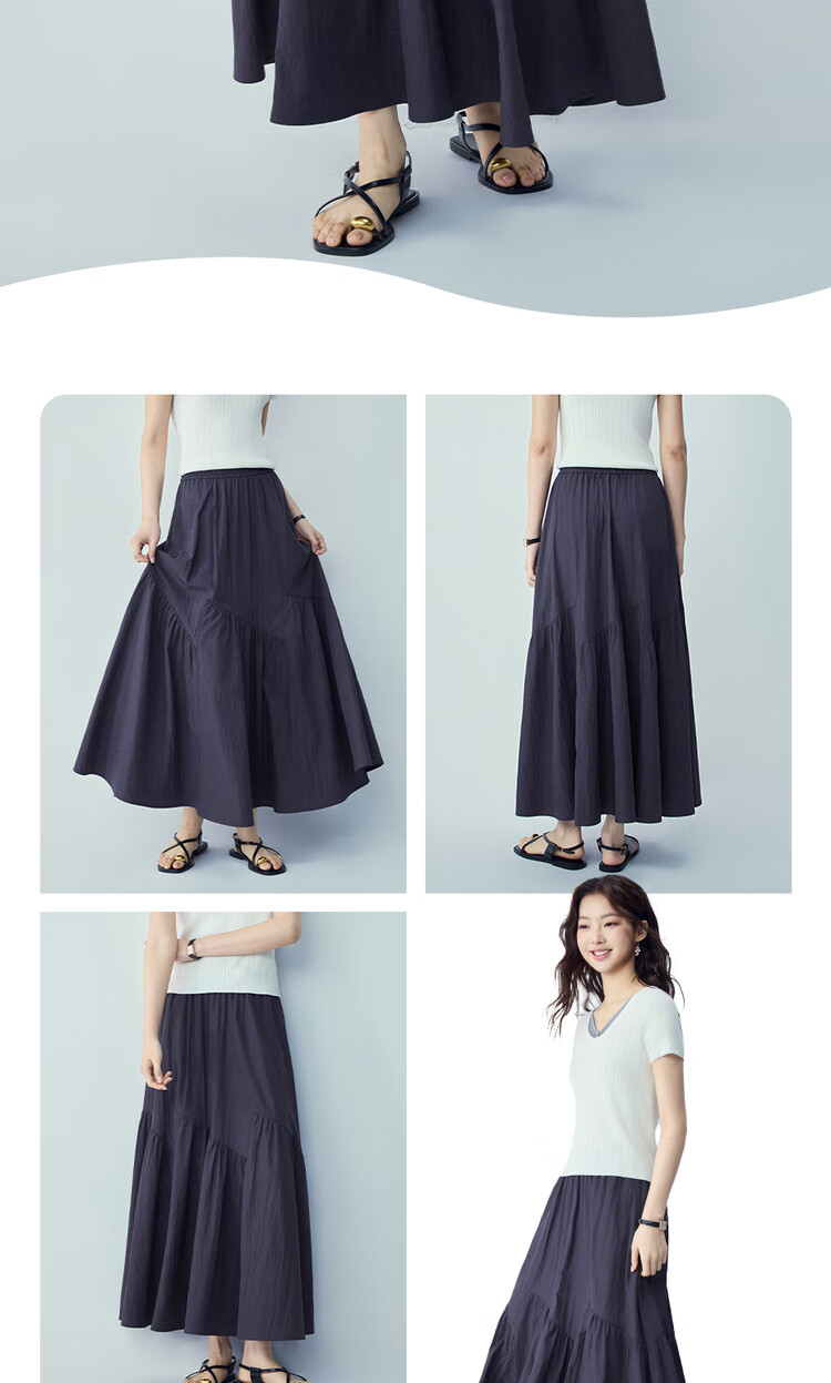 Giordano Women's Loose Flared Umbrella Skirt 2026 Summer New Patchwork Pleated Elastic Waist Long Skirt 13466206 16