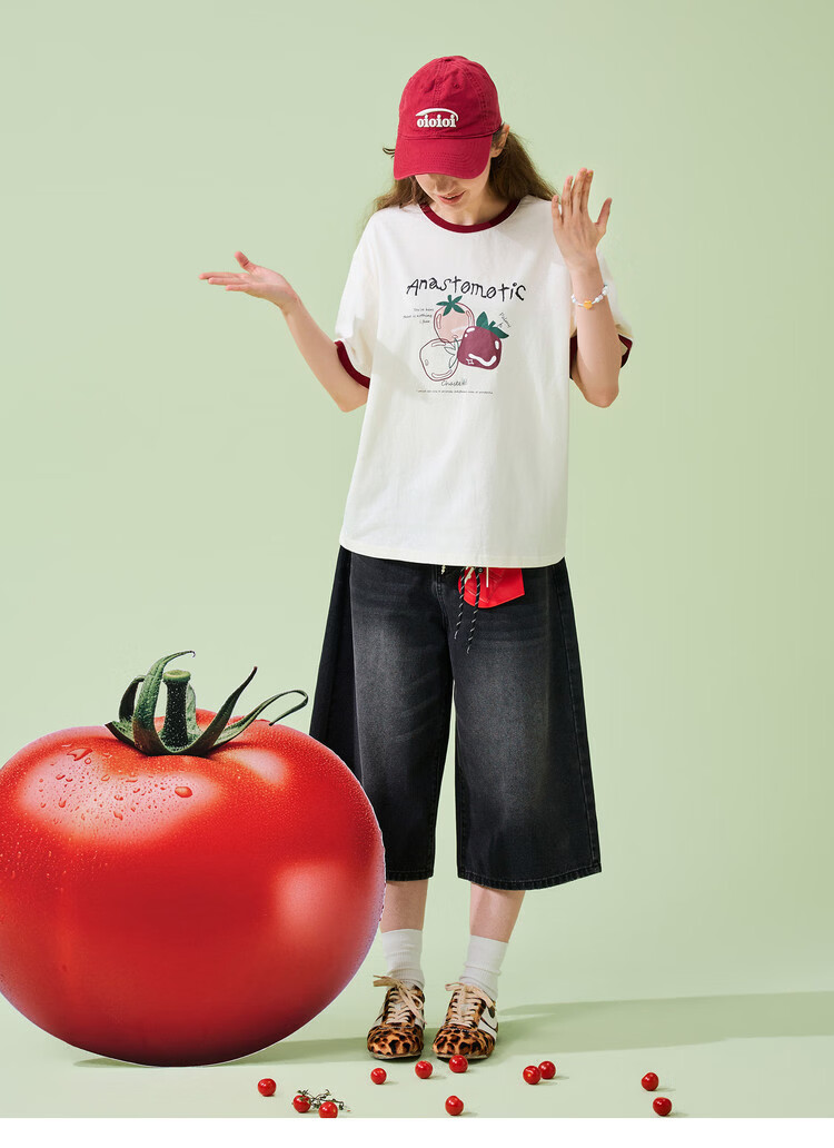 TonLion 2026 Summer Women's Color-Block Collar Short Sleeve T-Shirt with Fruit Pattern, Versatile, Fashionable, Comfortable, Premium Women's T-Shirt 5