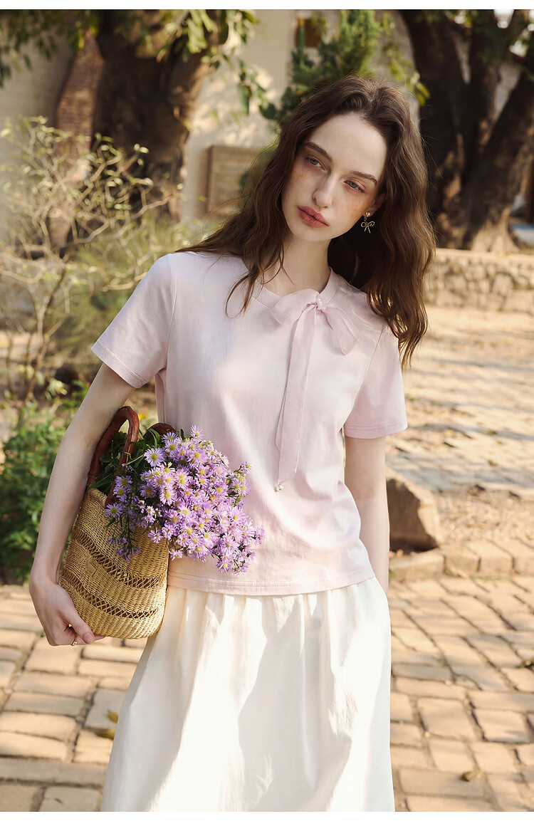 Olrain Detachable Ribbon French Style Short Sleeve T-Shirt Women Summer New Shoulder Round Neck Top Beige M 25