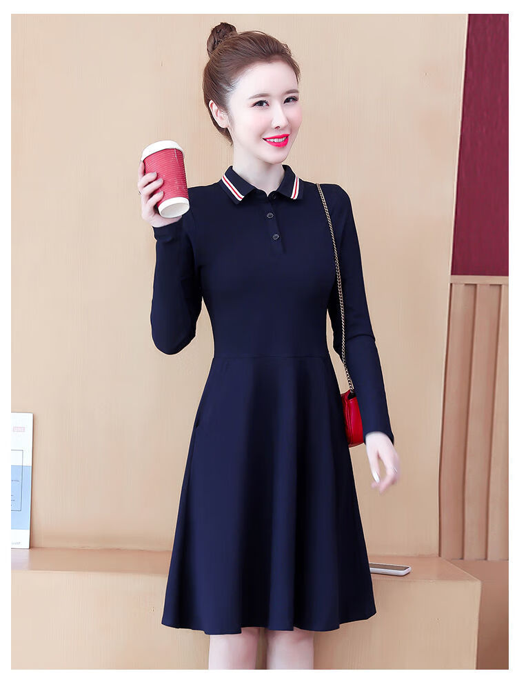 带领子的长袖连衣裙女秋冬款秋季polo领连衣裙长袖显瘦大码女装翻领