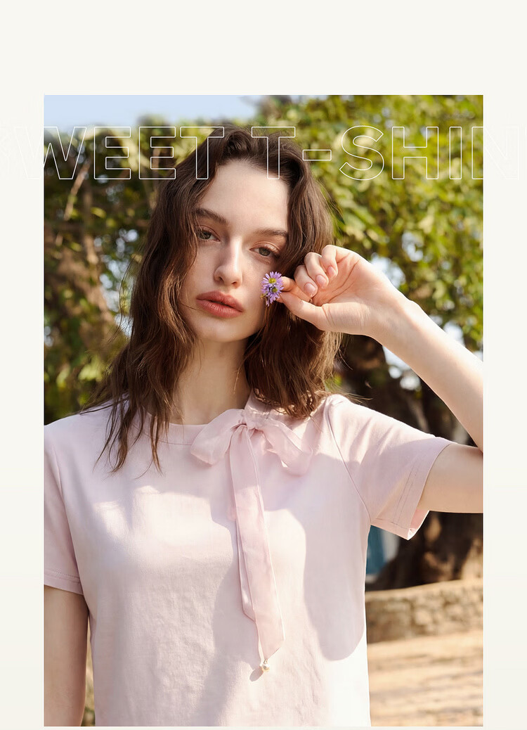Olrain Detachable Ribbon French Style Short Sleeve T-Shirt Women Summer New Shoulder Round Neck Top Beige M 6