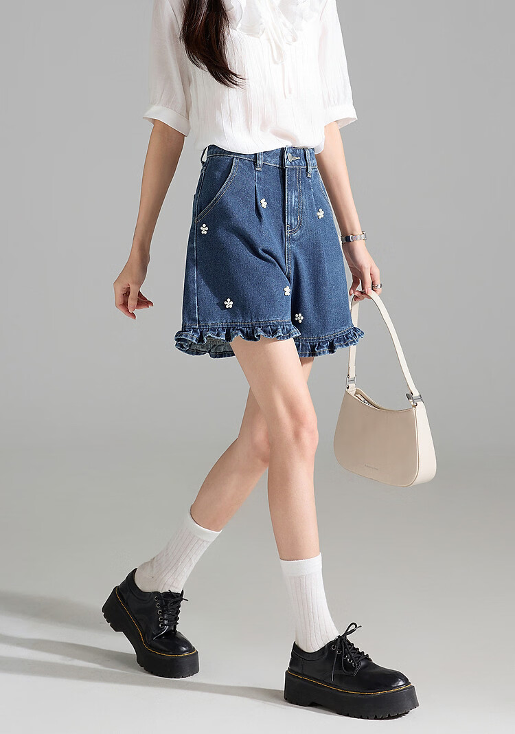 TonLion 2026 Summer Women's Ruffle Denim Mid-Shorts Deep Indigo Blue Size 27 2