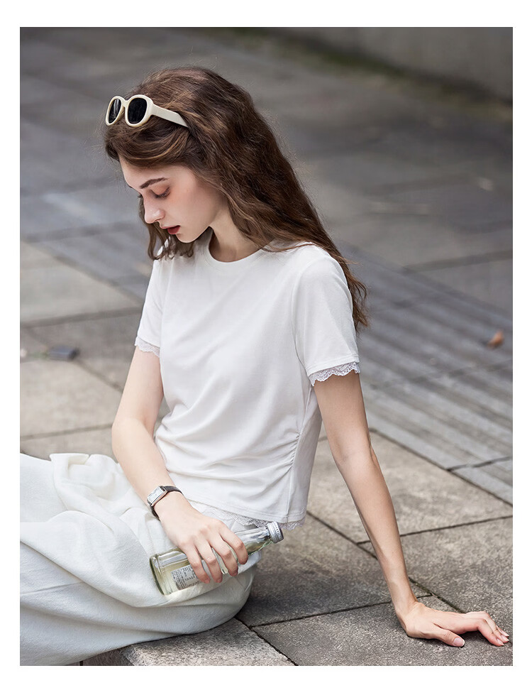 TonLion 2026 Summer New Women's Short Sleeve T-Shirt Lace Splicing White Fashionable Unique Beautiful Top 9