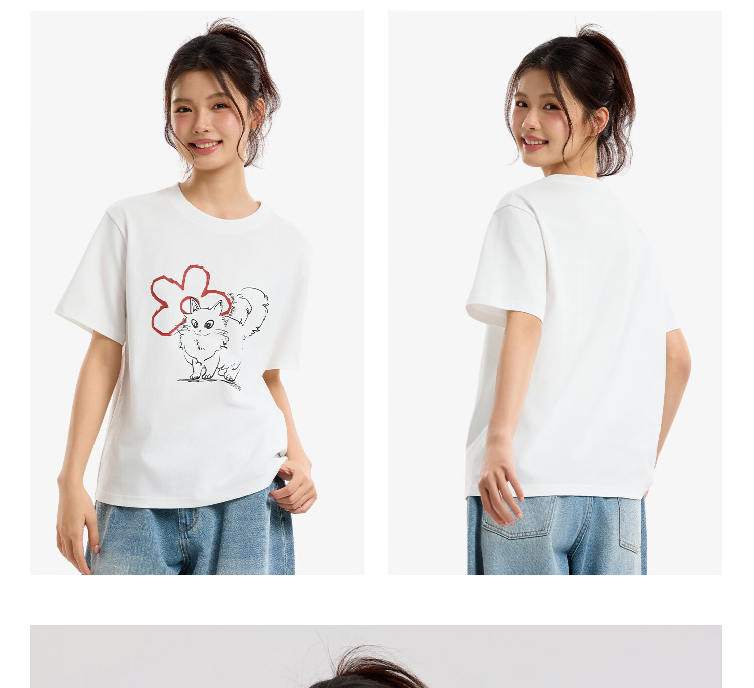 Metersbonwe Women's Short Sleeve T-Shirt 2026 Summer New Pure Cotton Hand-Painted Cat Print Loose Fit Versatile Tee 16