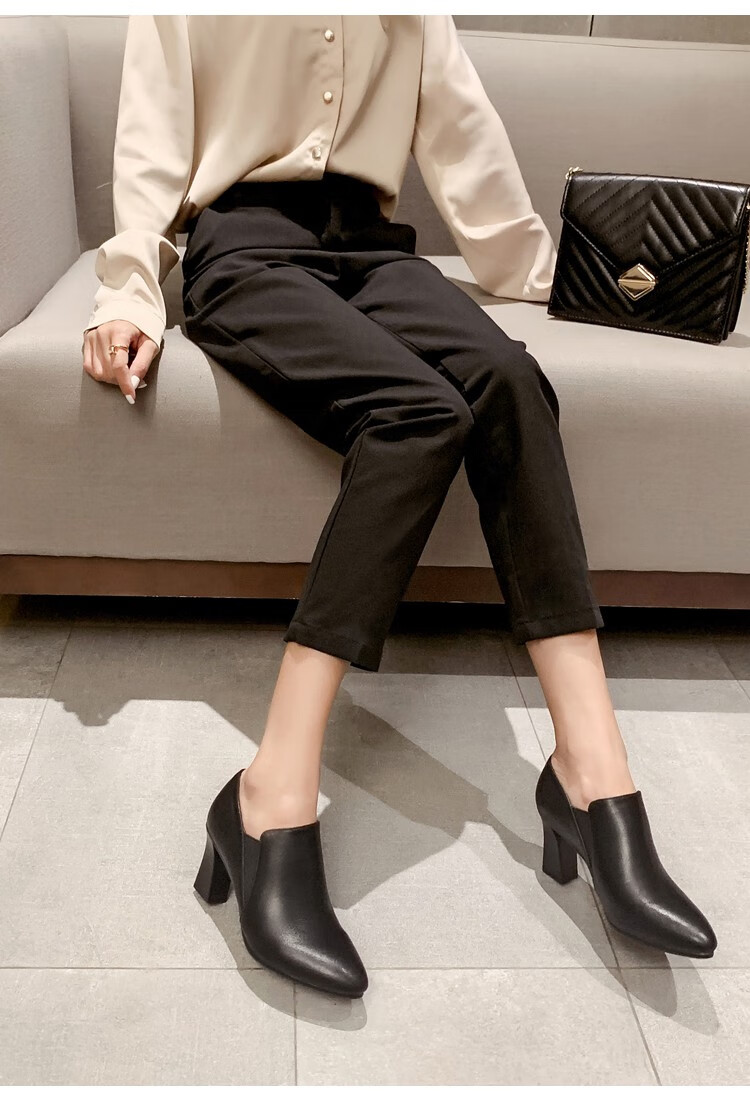 上班鞋女秋冬上班工作鞋女黑色软底舒适粗跟深口单鞋女高跟职业65厘米