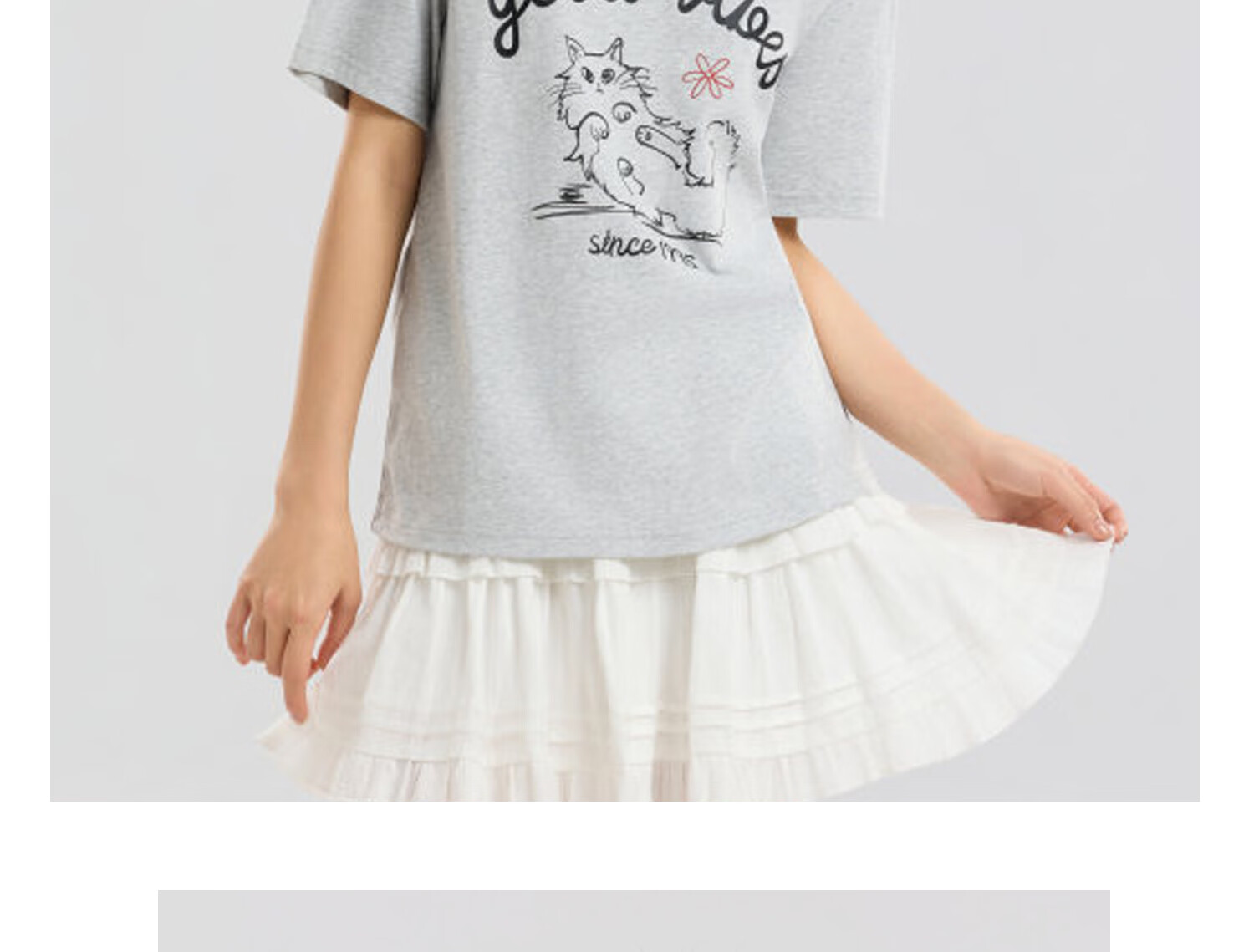 Metersbonwe Women's Short Sleeve T-Shirt 2026 Summer New Pure Cotton Hand-Painted Cat Print Loose Fit Versatile Tee 25