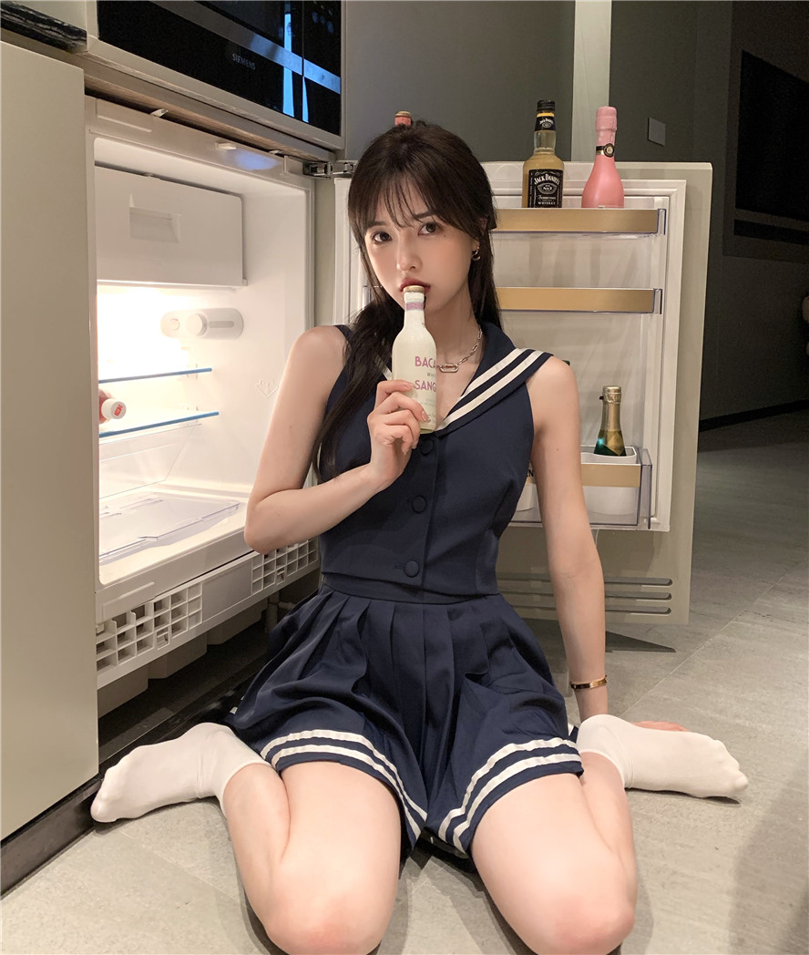 商场同款lrtl轻奢性感露背海军领衬衣jk制服套装女夏季学院风高腰百褶