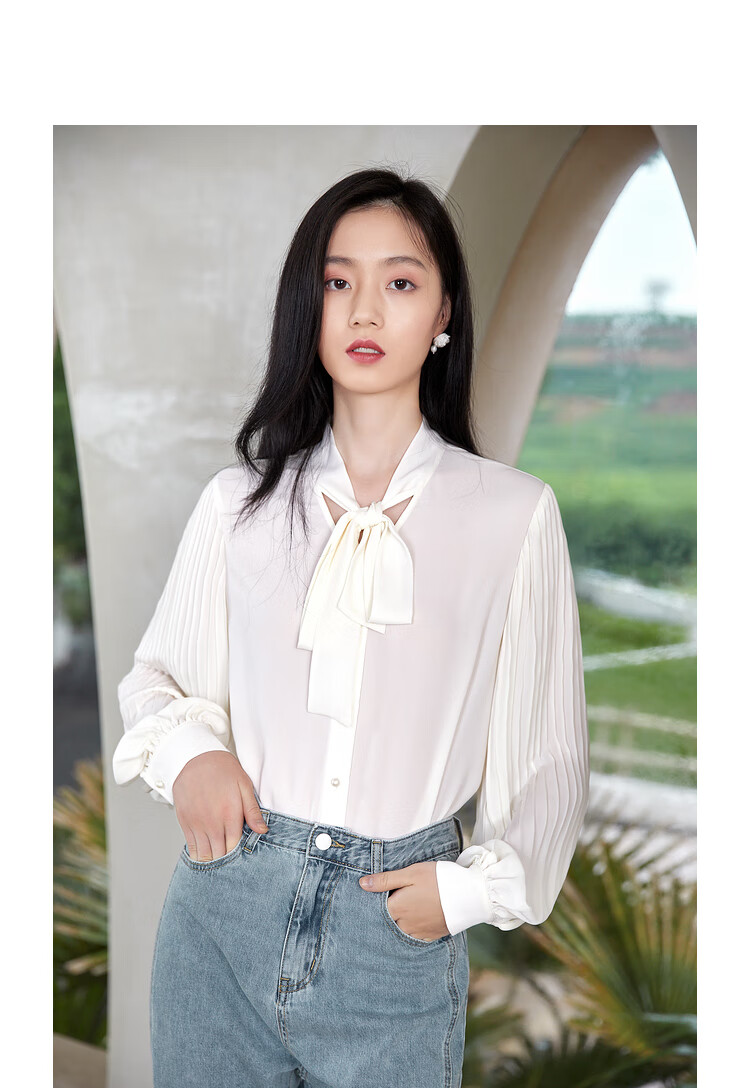 秋水伊人系带长袖衬衫秋装2021年新款女装优雅通勤简约白色上衣女 米