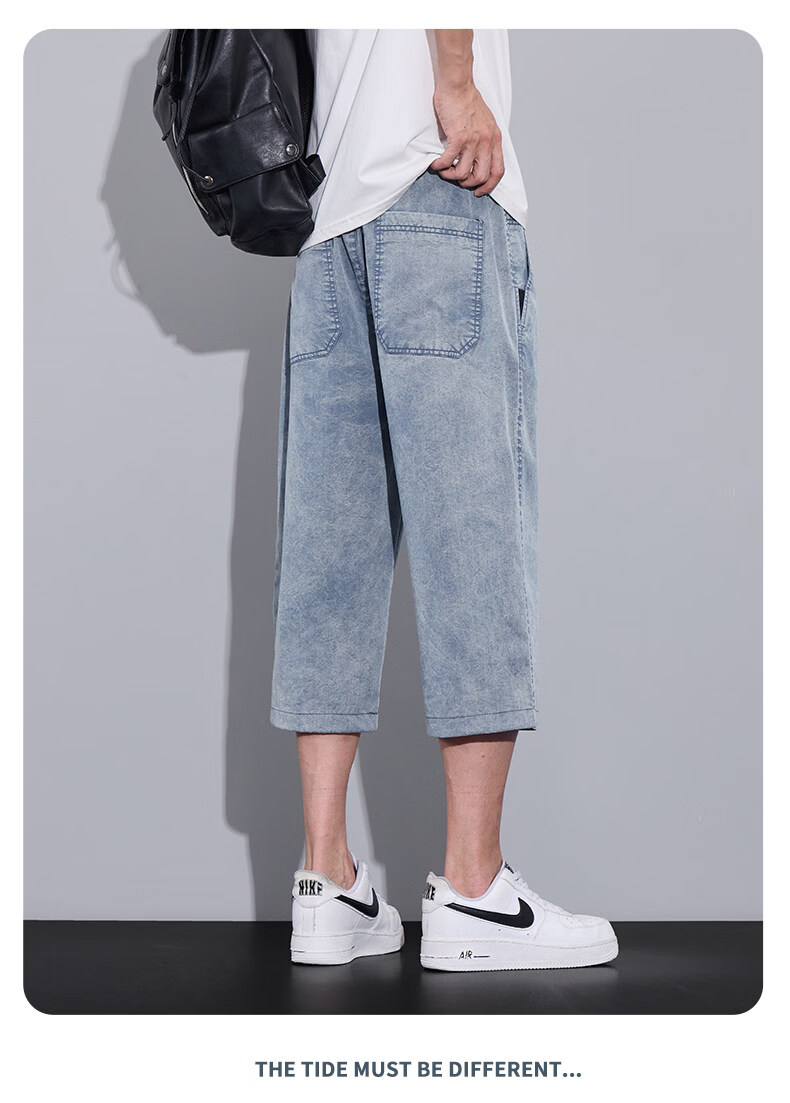 ROMON Tencel Denim Men's Summer Thin Ice Silk Loose Casual Cropped Pants Denim Blue 31 15