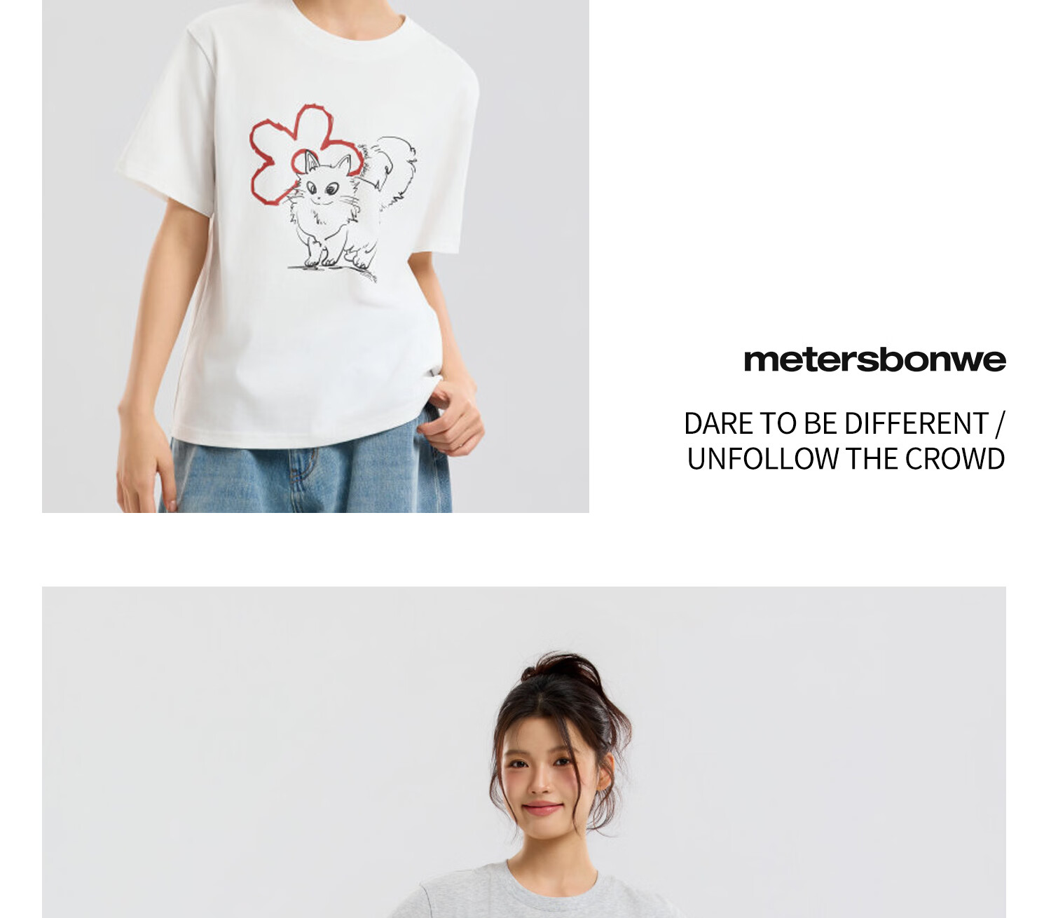 Metersbonwe Women's Short Sleeve T-Shirt 2026 Summer New Pure Cotton Hand-Painted Cat Print Loose Fit Versatile Tee 22