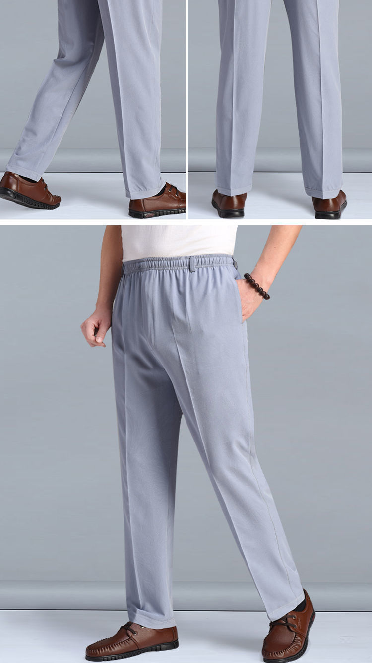 夏季薄款老人松紧腰冰丝裤子男士中老年男休闲短裤宽松爸爸装长裤深灰