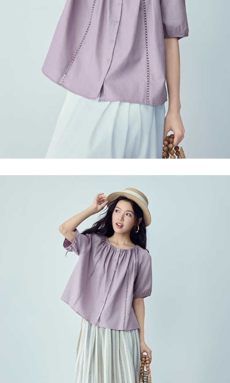 Giordano Women's New Linen Shirt Cotton Linen Hollow Out Pleated Loose Round Neck Raglan Mid Sleeve Shirt 05346462 13