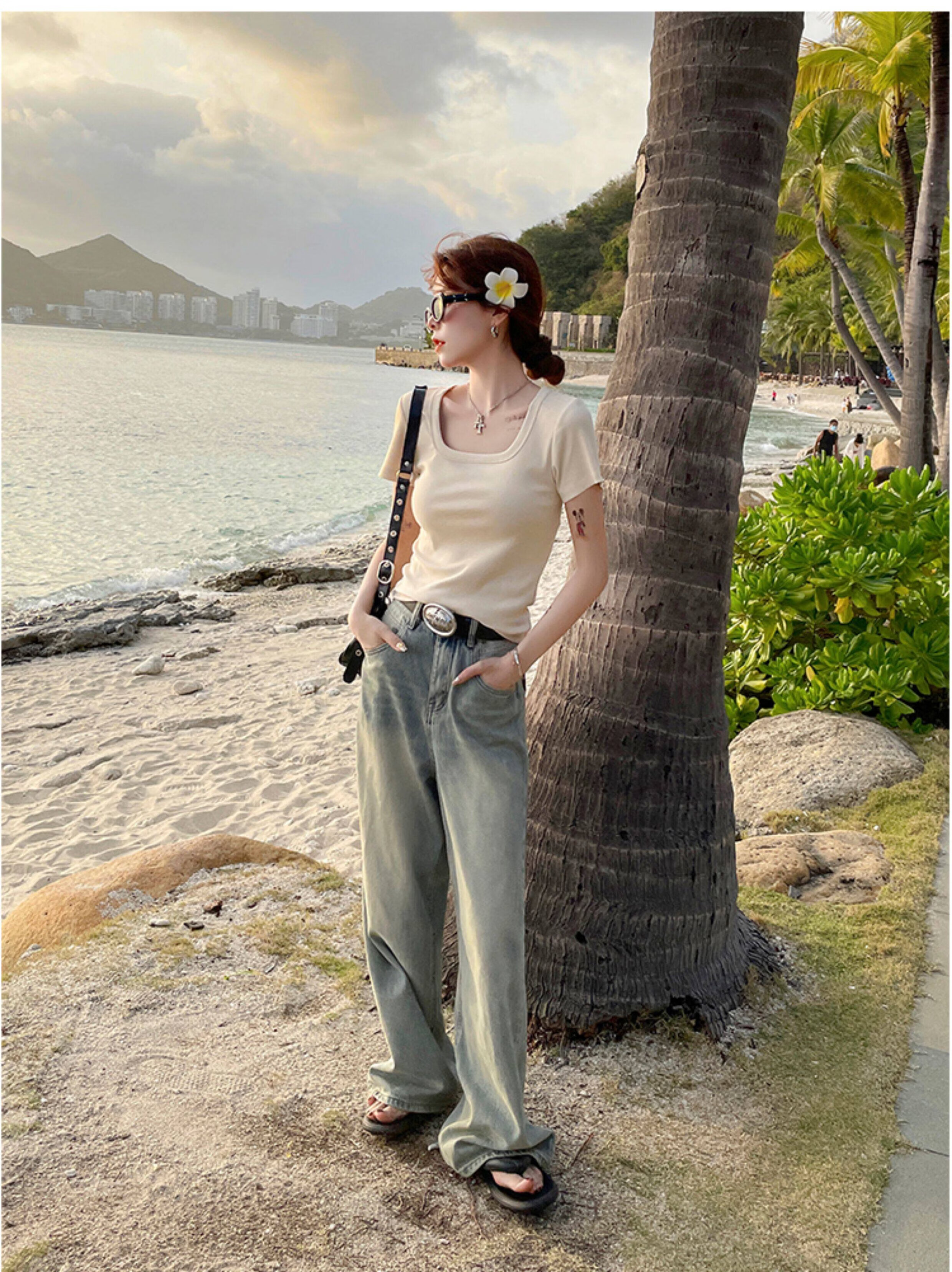 Herbal Original Women's Short Sleeve Slim Fit Square Neck T-Shirt Solid Color Summer Top 15