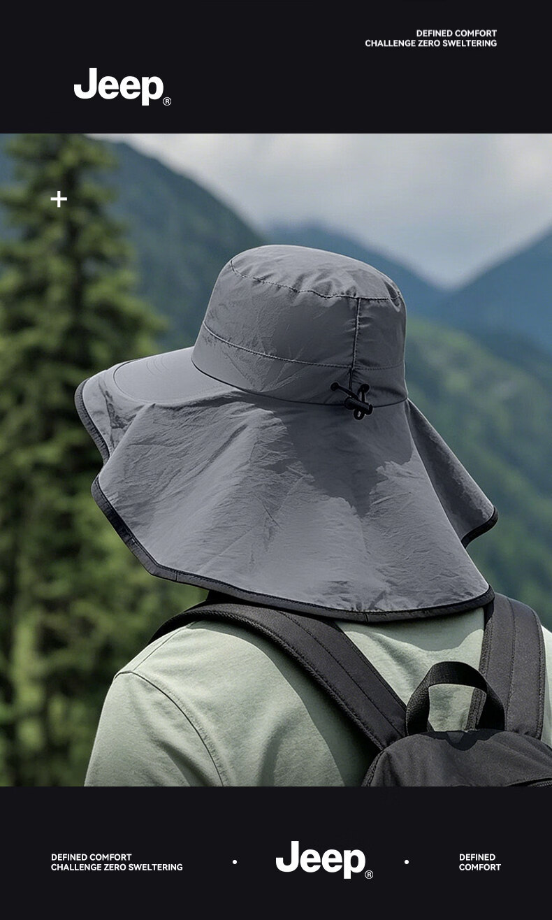 JEEP Men's Summer Sun Protection Hat Outdoor Mountaineering Fishing Breathable Neck Cover Sunshade Bucket Hat 15
