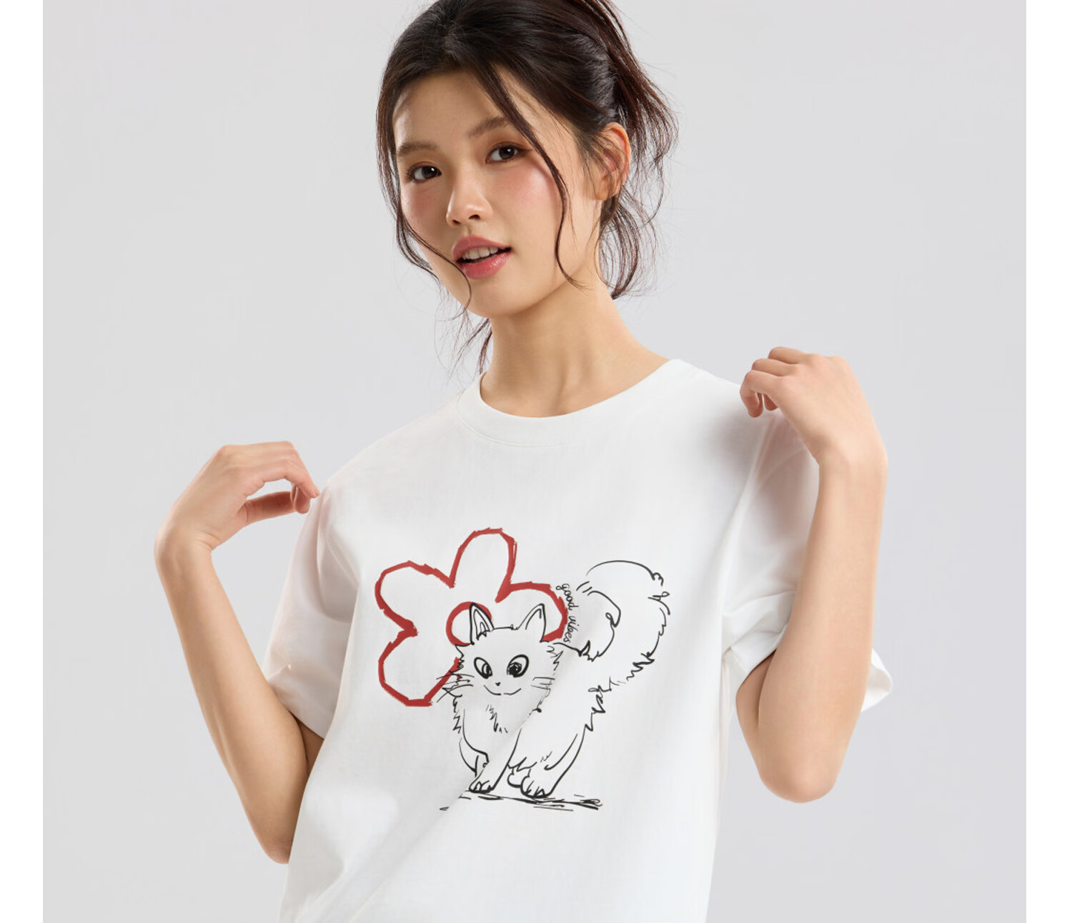 Metersbonwe Women's Short Sleeve T-Shirt 2026 Summer New Pure Cotton Hand-Painted Cat Print Loose Fit Versatile Tee 17