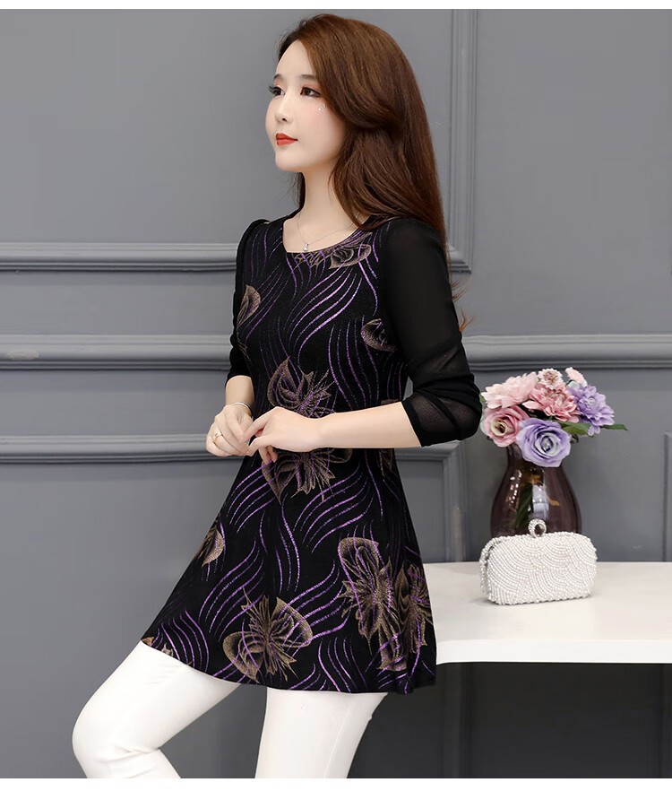 秋季雪纺打底衫女印花中长款妈妈洋气中年遮肚收腰荷叶边下摆上衣