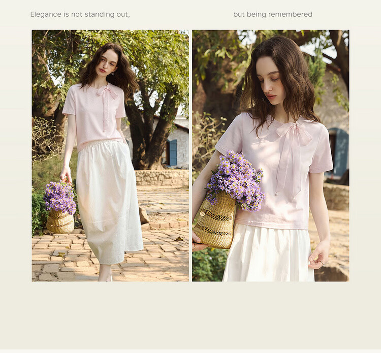 Olrain Detachable Ribbon French Style Short Sleeve T-Shirt Women Summer New Shoulder Round Neck Top Beige M 7