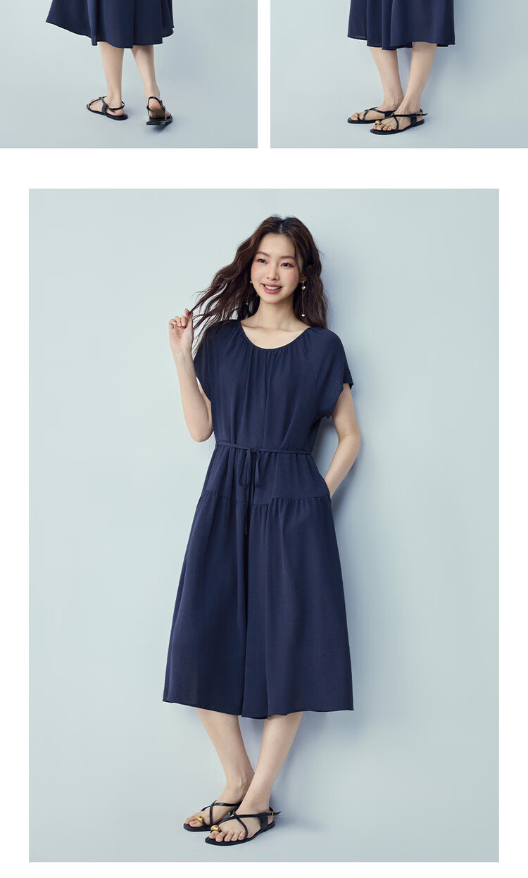 Giordano Women's Short Sleeve Long Dress 2026 Summer Textured Pleated Tie Round Neck Raglan Dress 13466242 13