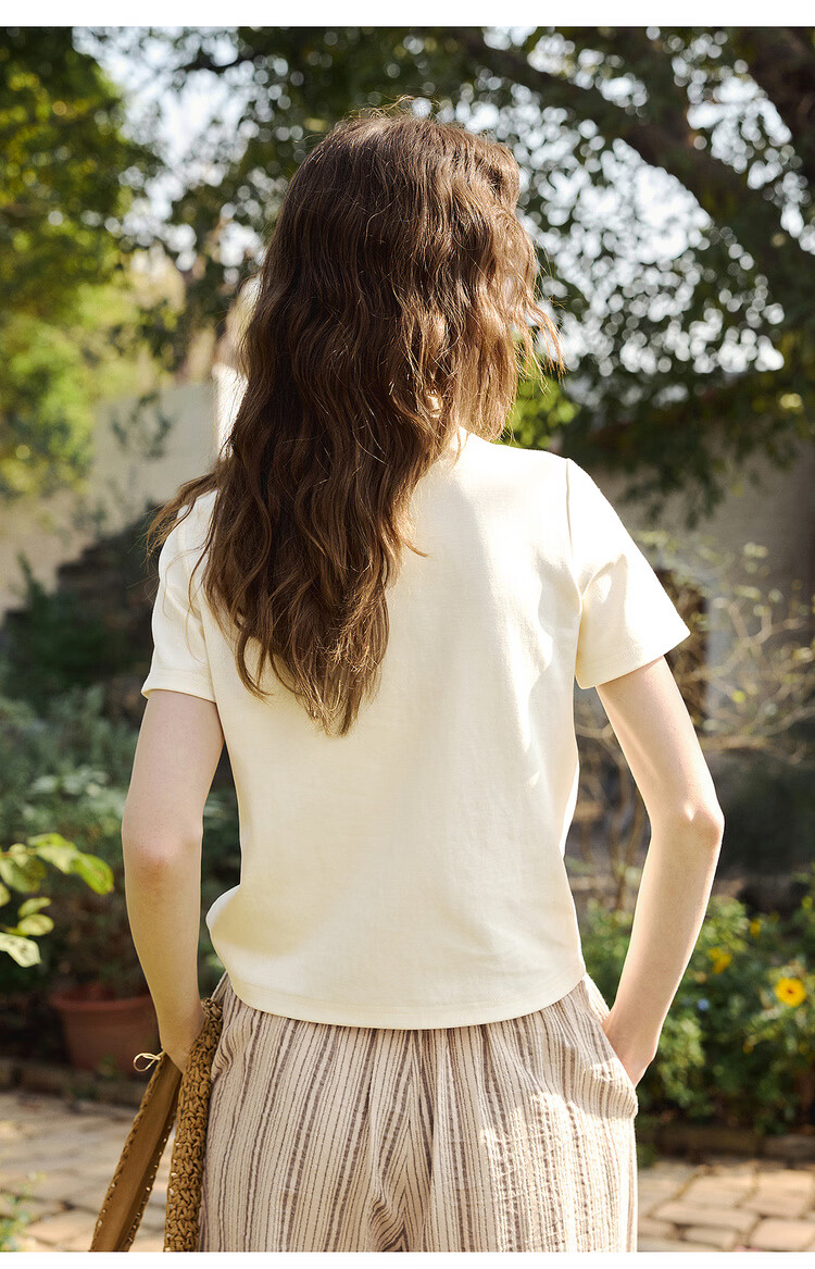 Olrain Detachable Ribbon French Style Short Sleeve T-Shirt Women Summer New Shoulder Round Neck Top Beige M 20