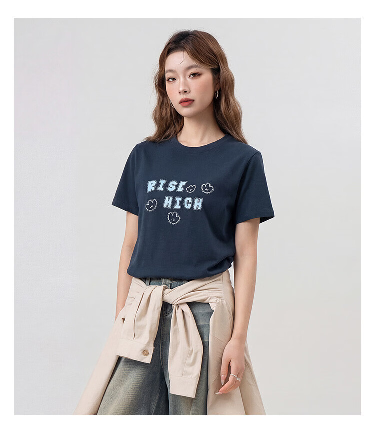 TonLion 2026 Summer New Women's Short Sleeve T-Shirt American Early Spring Stylish Navy Blue Slim Fit Top 10