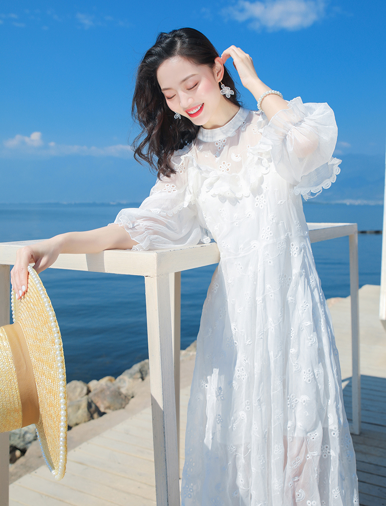 vitiv香港潮牌白色蕾丝长袖雪纺连衣裙2022春夏装气质波西米亚长款