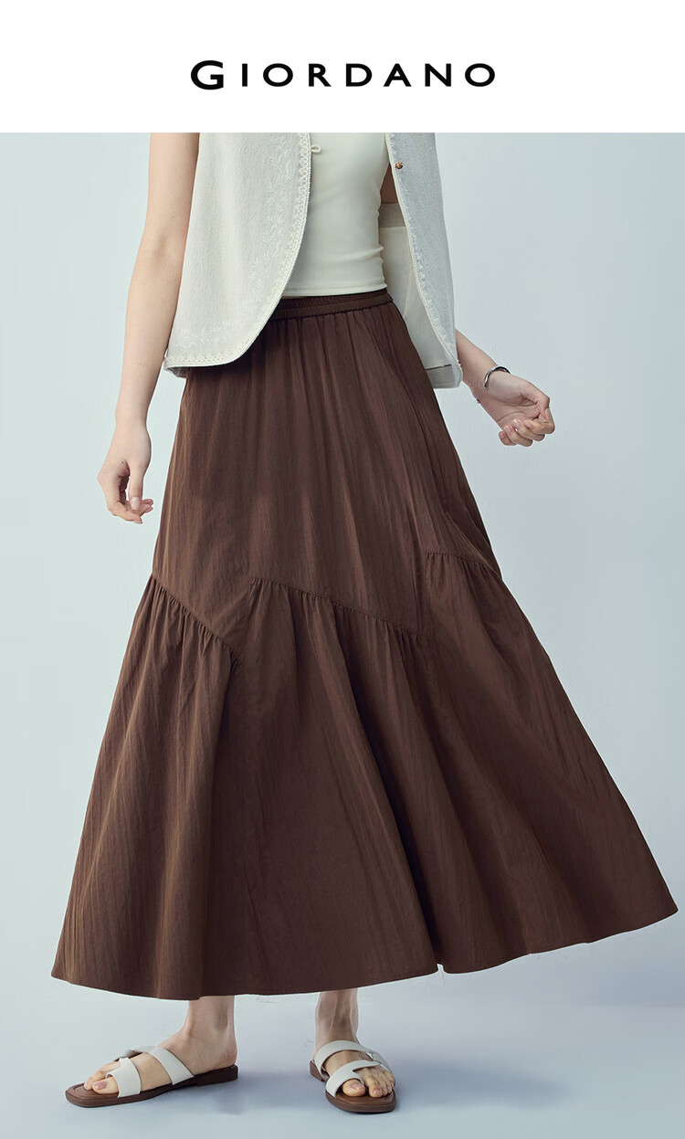 Giordano Women's Loose Flared Umbrella Skirt 2026 Summer New Patchwork Pleated Elastic Waist Long Skirt 13466206 3