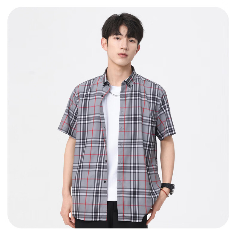 Woodpecker Casual Versatile Plaid Shirt Men 2026 Summer Trendy Ins Thin Loose Short Sleeve Top Black M 35