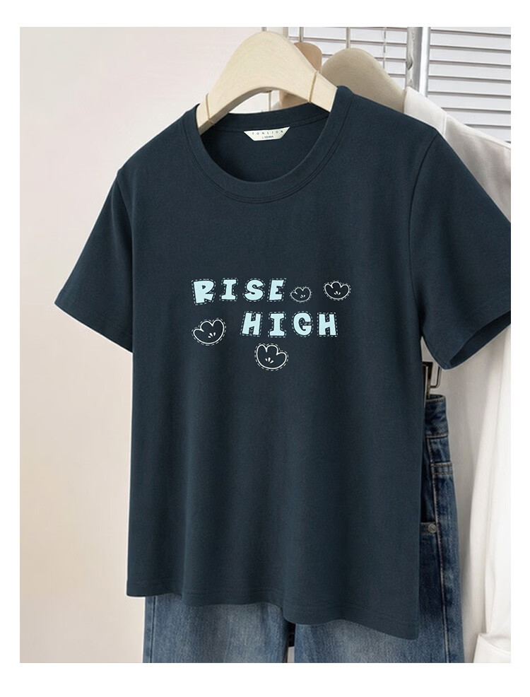 TonLion 2026 Summer New Women's Short Sleeve T-Shirt American Early Spring Stylish Navy Blue Slim Fit Top 5