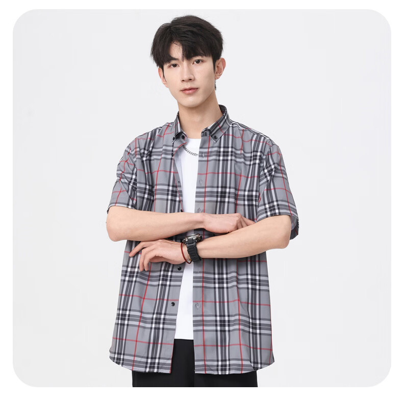 Woodpecker Casual Versatile Plaid Shirt Men 2026 Summer Trendy Ins Thin Loose Short Sleeve Top Black M 30