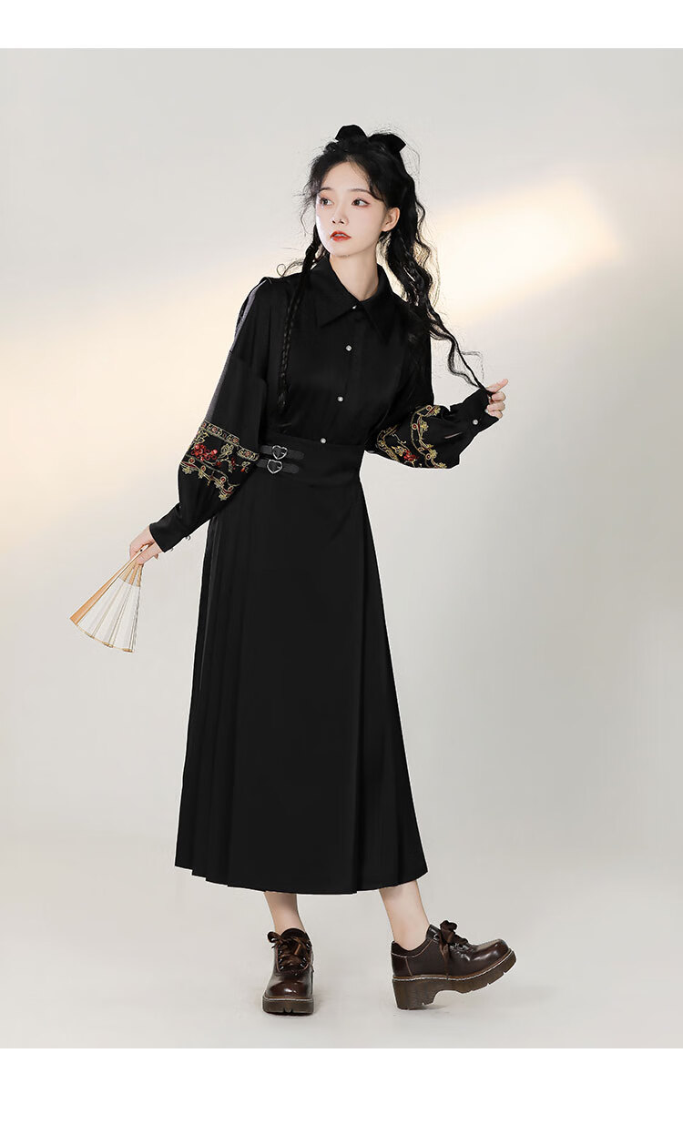 秋季中国风日常改良汉元素汉服女黑色马面裙白色衬衫 黑色套装 s