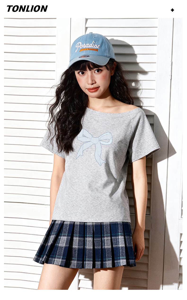 TonLion Women's Short Sleeve Off-Shoulder Asymmetric T-Shirt 2026 Summer New Korean Style Petite Half Sleeve Top 10