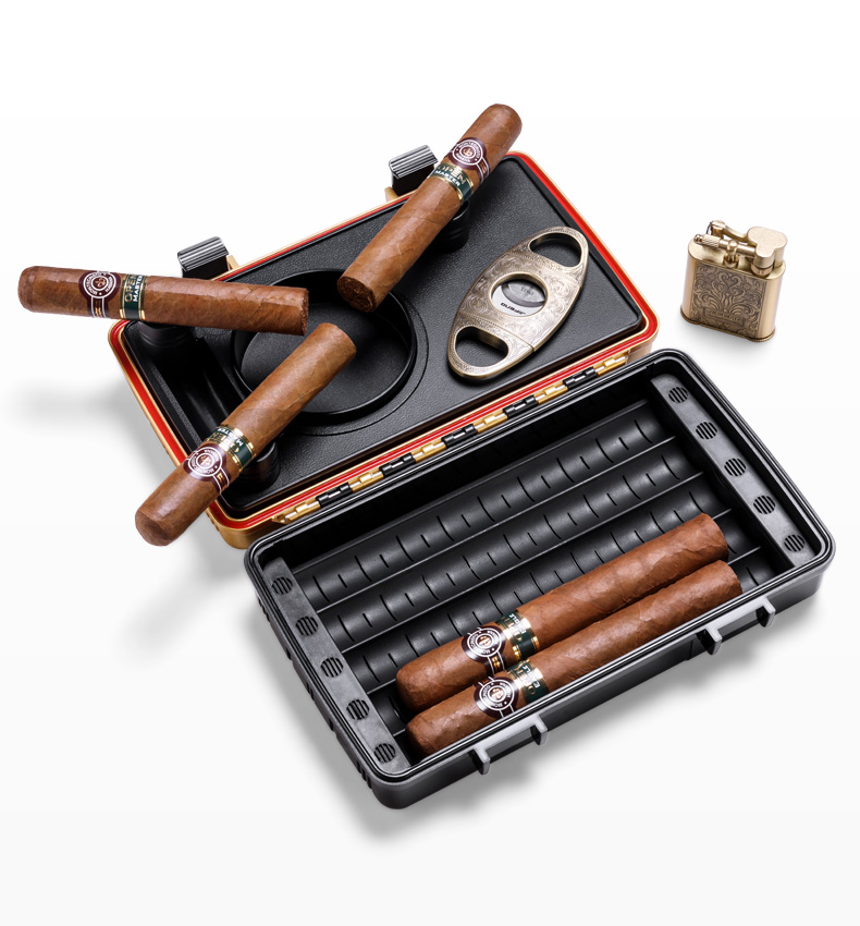 cigarloong茄龙雪茄盒便携式配置温度表航空铝材质雪茄盒十支装 茶色