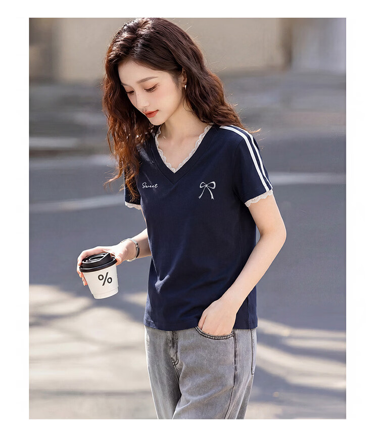 TonLion [Cool Touch] 2026 Summer Women's Lace Short-Sleeve T-Shirt, V-Neck, Slim Fit, Elegant Women's Tee 5