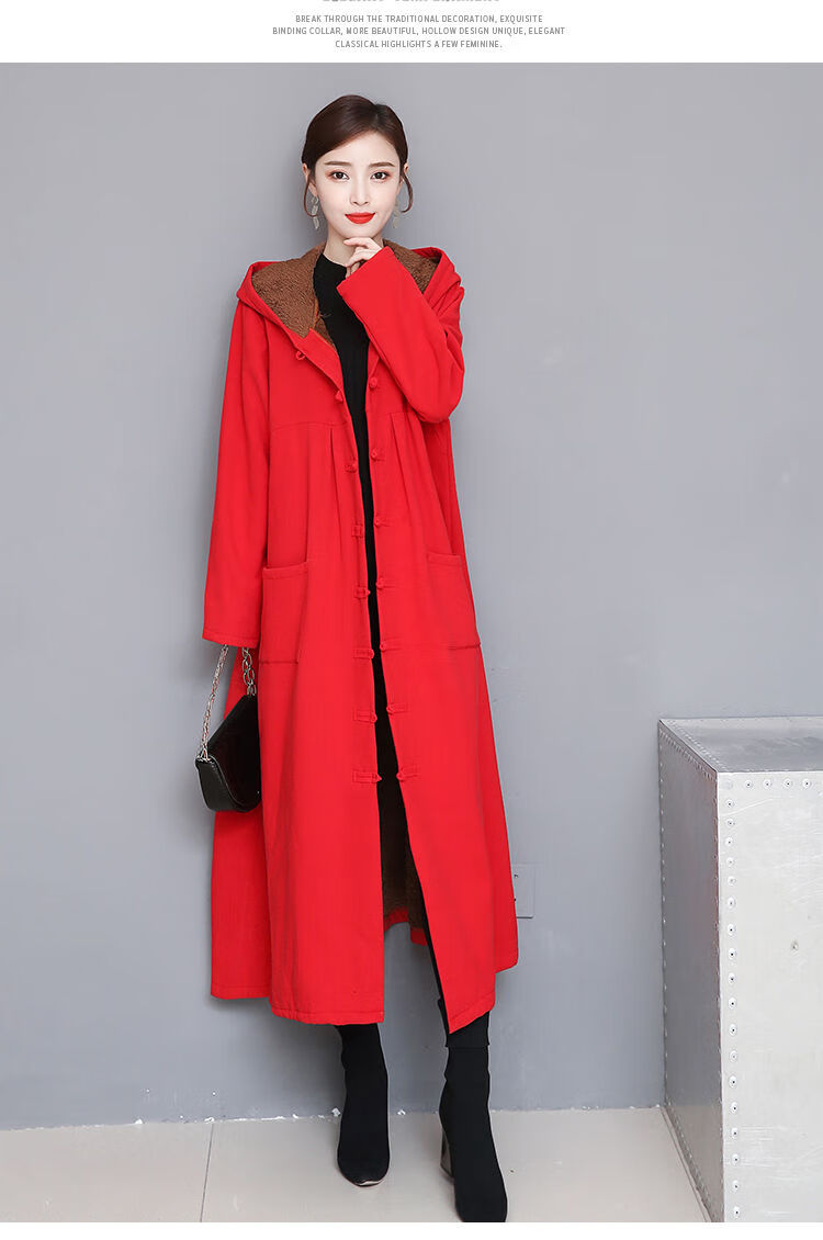 歌班娅【可穿200斤】秋冬民族风棉麻加绒加厚长款过膝斗篷风衣外套女