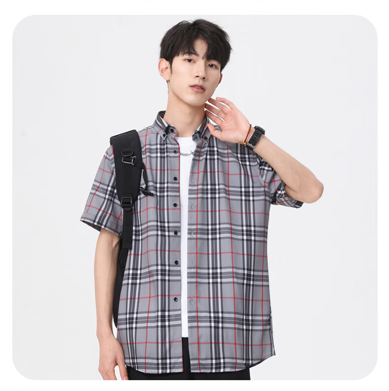 Woodpecker Casual Versatile Plaid Shirt Men 2026 Summer Trendy Ins Thin Loose Short Sleeve Top Black M 33