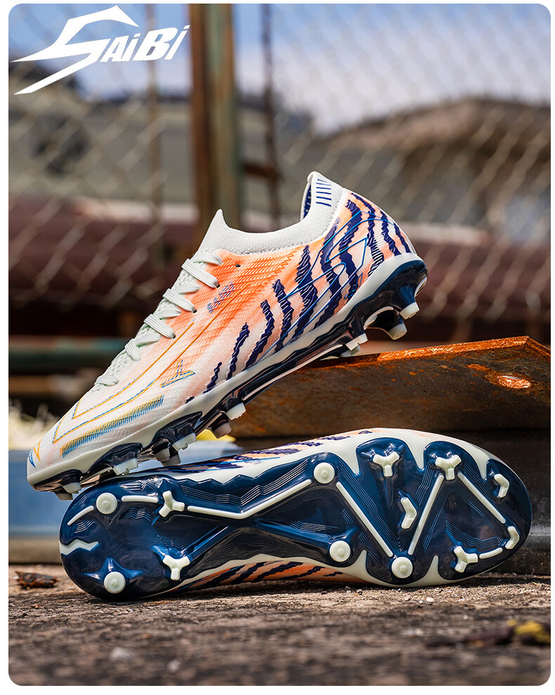 SAIBI Men's Soccer Shoes AG Long Studs Adult Youth Student Professional Training Competition Shoes 3649C Moon Blue Orange Size 35 37