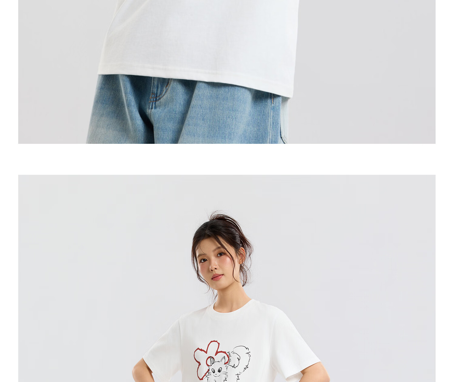 Metersbonwe Women's Short Sleeve T-Shirt 2026 Summer New Pure Cotton Hand-Painted Cat Print Loose Fit Versatile Tee 18
