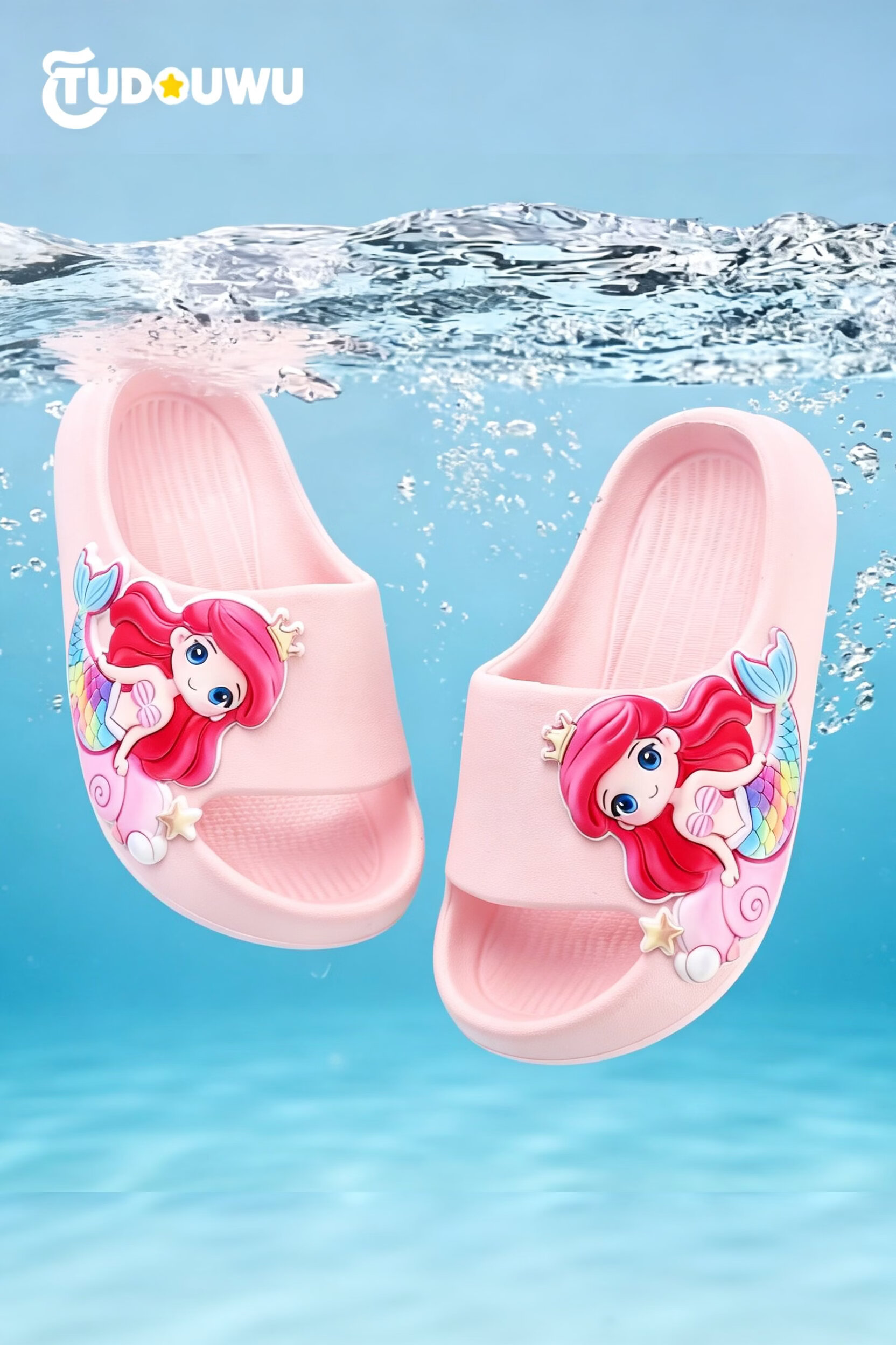 TUDOUWU Kids Slippers Girls Indoor Non-Slip Soft Sole Cartoon Mermaid Princess Size 180 10