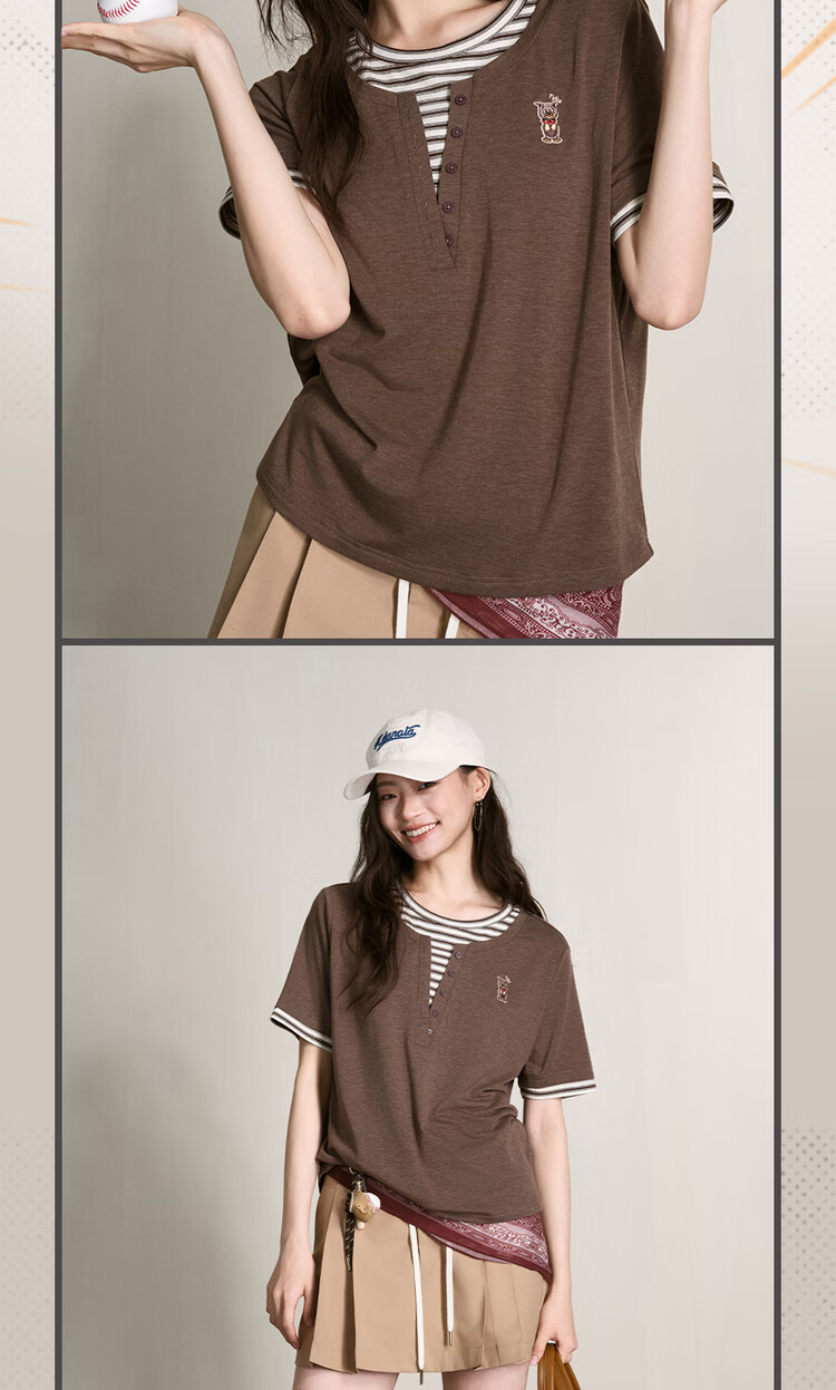 Giordano [Tom and Jerry Collaboration] Embroidered Two-Piece Striped Loose Fit Crew Neck Short Sleeve T-Shirt for Women 18326815 14