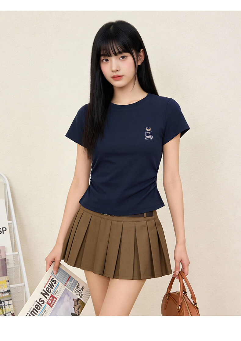 SPAO Bear Shoulder Slim Fit Short Sleeve T-Shirt Women 2026 Summer Ruched Waist Slim Casual Short Versatile Top 11