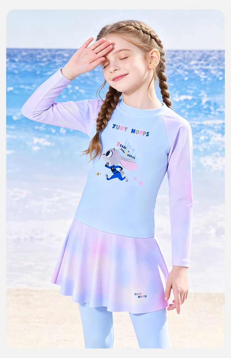 Disney Girls Quick-Dry Swimwear Set Summer Long Sleeve Split Skirt Style Sun Protection Swimsuit Pink Blue 140 9
