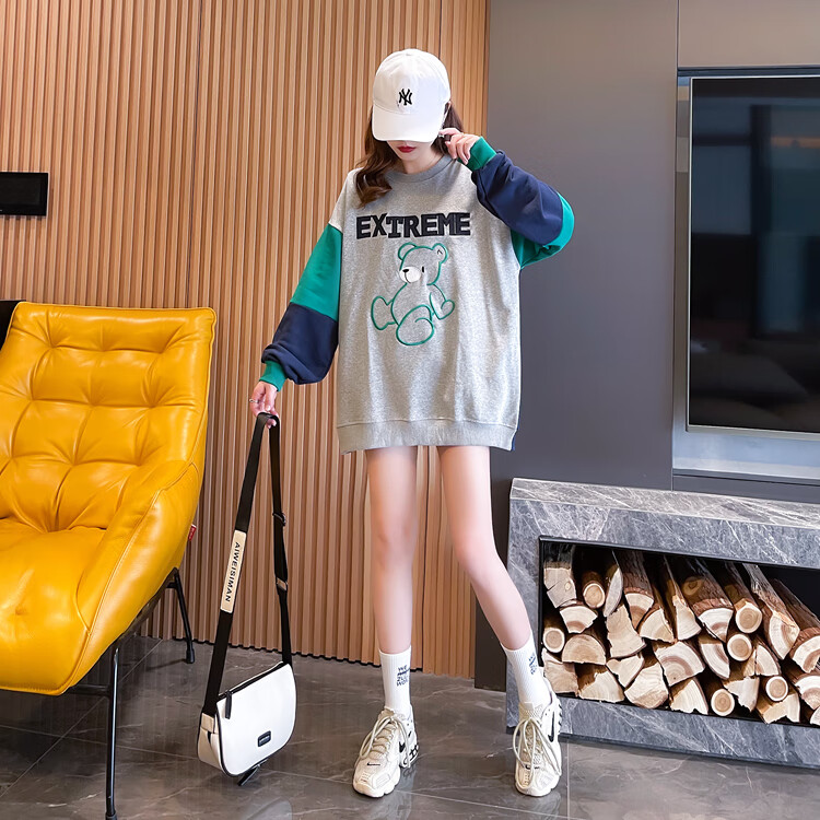 欧贝汐秋季撞色拼接卫衣女新款中长款上衣 灰色 2xl