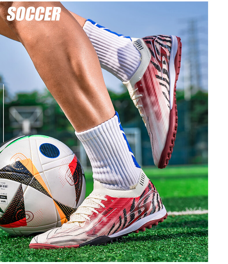 SAIBI Men's Soccer Shoes TF Turf Studs Adult Youth Student Professional Training Competition Shoes 3649S Off-White Red Size 44 15