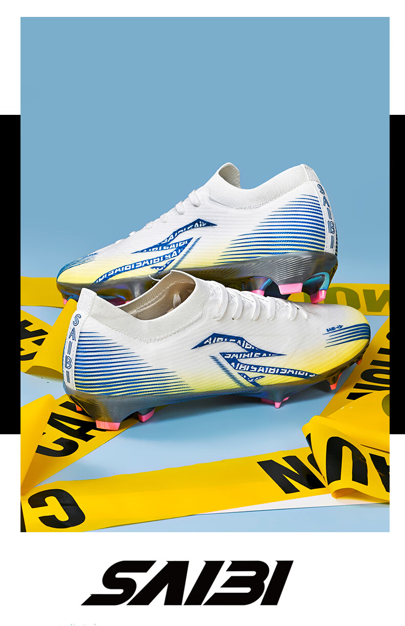 SAIBI Men's Soccer Shoes AG/FG Electroplated Studs Youth Student Professional Training Competition Shoes 3618J White Blue Gold Size 44 23