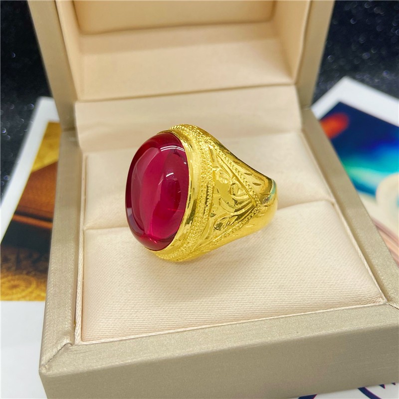 老凤凰 足金999红宝石玉男士戒指 黄金镶嵌红刚玉实心活口金戒指 13.