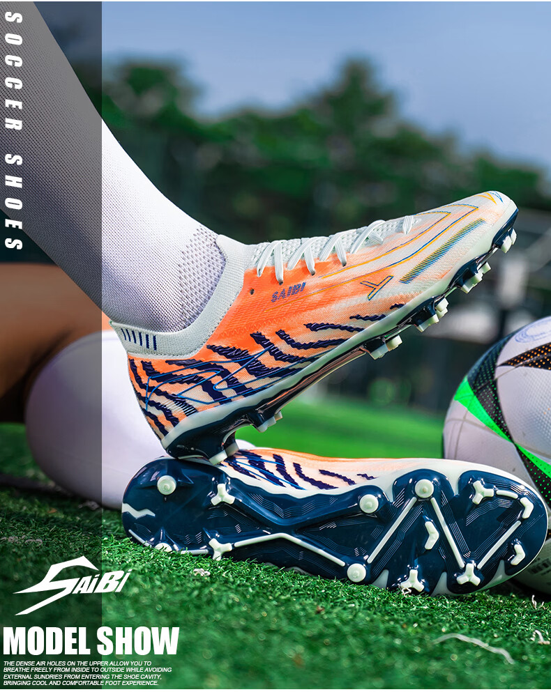 SAIBI Men's Soccer Shoes AG Long Studs Adult Youth Student Professional Training Competition Shoes 3649C Moon Blue Orange Size 35 26