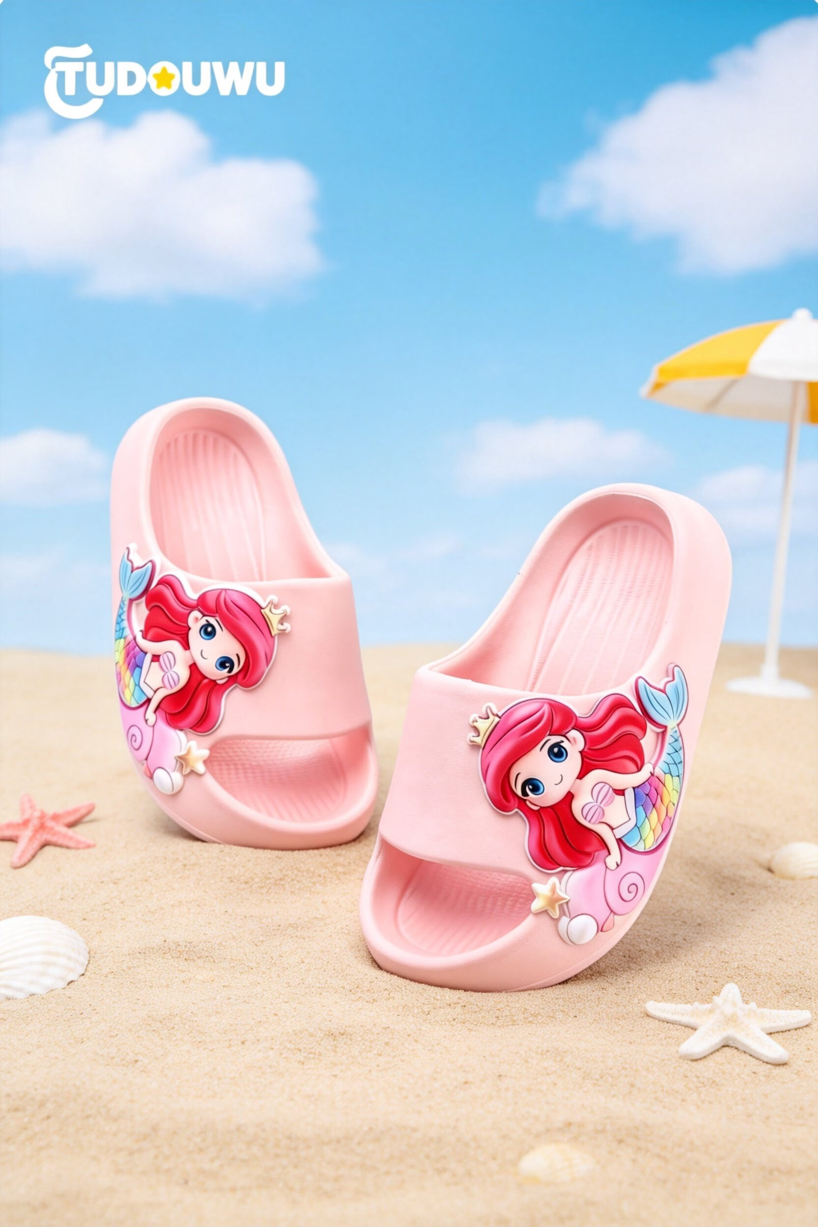 TUDOUWU Kids Slippers Girls Indoor Non-Slip Soft Sole Cartoon Mermaid Princess Size 180 12